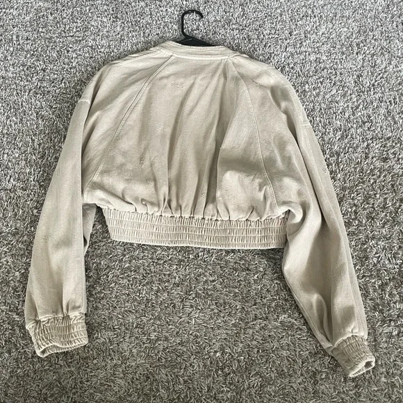 Zara Cream Bomber Jacket with Elastic Waist and Balloon Sleeves